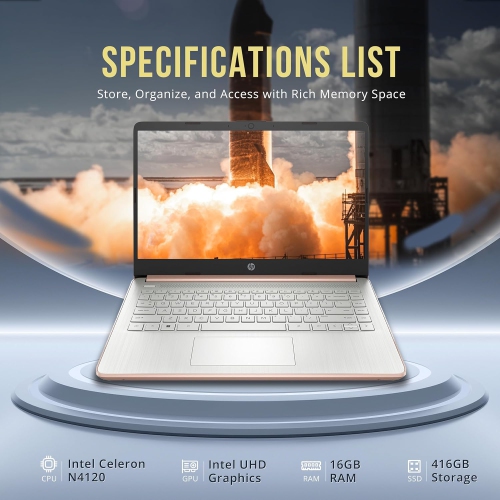 HP Stream 14" HD BrightView Laptop, Intel Celeron N4120, 416GB Storage, 16GB RAM, Intel UHD Graphics, Gold, 1 Year Office 365, Win 11 S