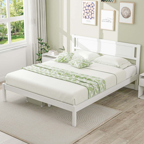 Costway Queen Wooden Platform Bed with 12 Slats Headboard & Under Bed Storage White