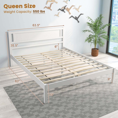 Costway Queen Wooden Platform Bed with 12 Slats Headboard & Under Bed Storage White