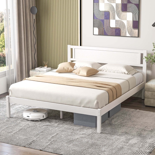 Costway Queen Wooden Platform Bed with 12 Slats Headboard & Under Bed Storage White