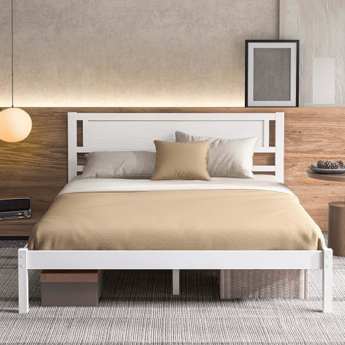 Costway Queen Wooden Platform Bed with 12 Slats Headboard & Under Bed Storage White