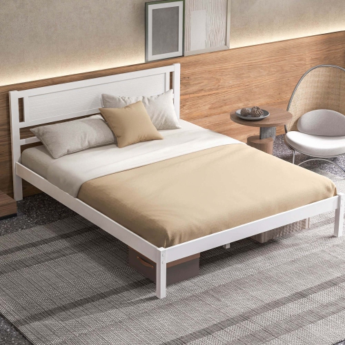 Costway Queen Wooden Platform Bed with 12 Slats Headboard & Under Bed Storage White