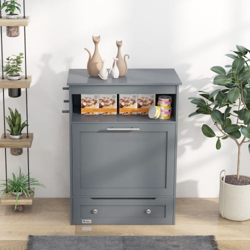 PawHut Cat Dog Feeding Station, Dog Food Storage Cabinet, Pet Feeder Container with Raised Bowls and Hanger for Feeding & Watering Supplies, Grey