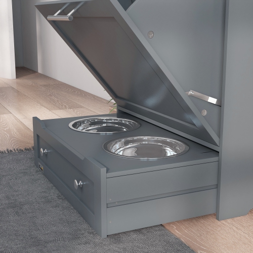 PawHut Cat Dog Feeding Station, Dog Food Storage Cabinet, Pet Feeder Container with Raised Bowls and Hanger for Feeding & Watering Supplies, Grey