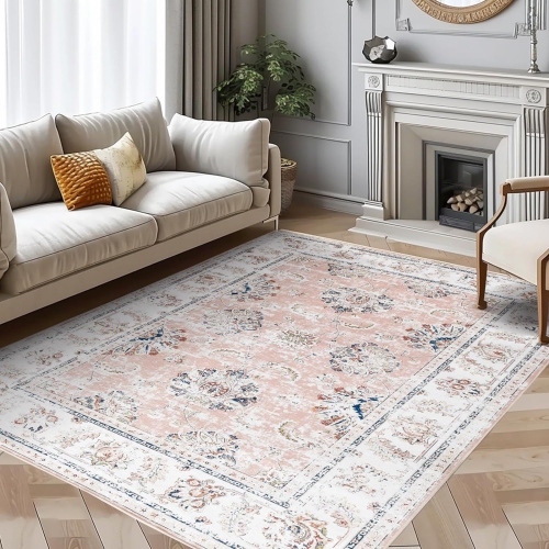 NIERBO  9 X 12 Area Rug - Vintage Distressed Rug Floral Print Rug Bedroom Rug Washable Rug Living Room Rug Non Slip Backing Rug Retro Low Pile Thin