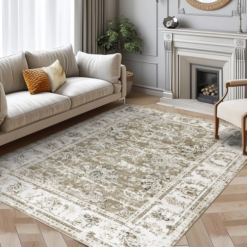 NIERBO  8 X 10 Area Rug - Vintage Distressed Rug Floral Taupe Print Rug Living Room Rug Washable Rug Bedroom Rug Non Slip Backing Rug Retro Low Pile