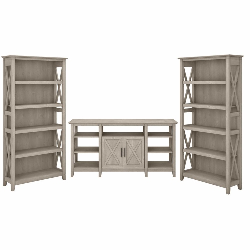 BUSH INDUSTRIES  Bush Furniture Key West Tall Tv Stand With Set Of 2 Bookcases In Washed In Gray