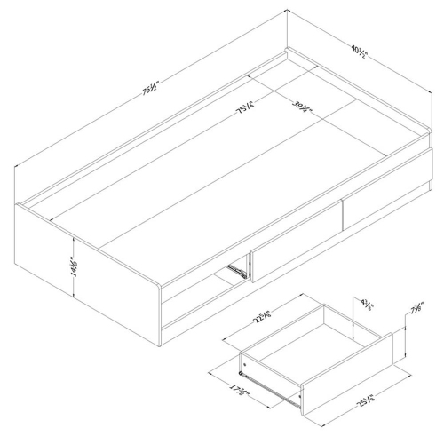 South Shore – lit matelot de 40,5 po de large avec 3 tiroirs, collection Step One Essential, chêne gris