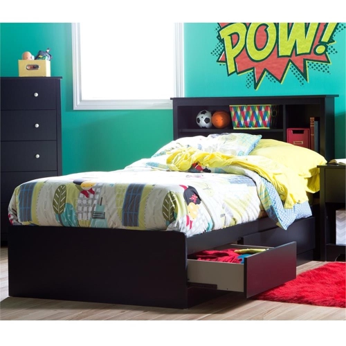 South Shore Mates Bed With Bookcase Headboard Set Pure Black Vito
