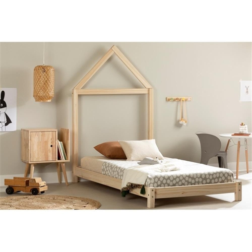 South Shore Sweedi 42.5"W Wood Bed with House Frame Headboard in Natural/Beige