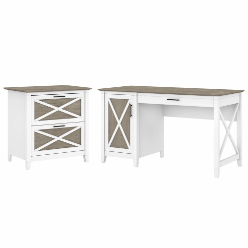 BUSH INDUSTRIES  Bush Furniture Key West 54W Computer Desk With Storage And 2 Drawer Lateral File Cabinet, Shiplap Gray/pure In White