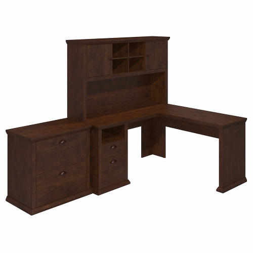 BUSH INDUSTRIES  Bush Furniture Yorktown 60W L Shaped Desk With Hutch And Lateral File Cabinet, Antique Cherry