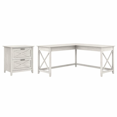 BUSH INDUSTRIES  Bush Furniture Key West 60W L Shaped Desk With 2 Drawer Lateral File Cabinet In Linen Oak In White