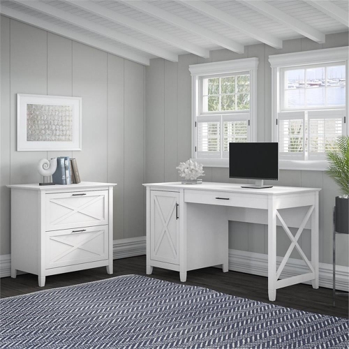 Key West 54W Computer Desk with File Cabinet in Pure White Oak - Engineered Wood