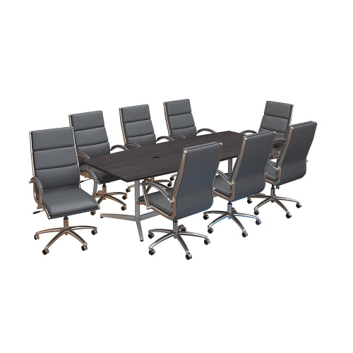 BUSH INDUSTRIES  96W X 42D Boat Shaped Conference Table With Metal Base And Set Of 8 High Back Office Chairs, Storm In Gray