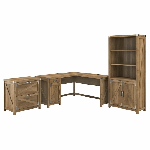 Image 1 of 5.. Cottage Grove 60W L Shaped Desk with Lateral File Cabinet and 5 Shelf Bookcase - Reclaimed Pine