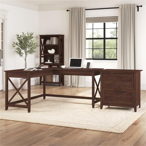 Bush Furniture Key West 60W L Shaped Desk with 2 Drawer Lateral File Cabinet
