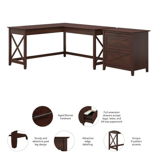 Bush Furniture Key West 60W L Shaped Desk with 2 Drawer Lateral File Cabinet