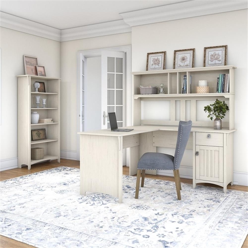 Salinas L Shaped Desk with Hutch and Bookcase in Antique White - Engineered Wood