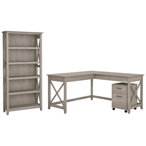 BUSH  Furniture Key West 60W L Desk With Cabinet & Bookcase In Washed In Gray