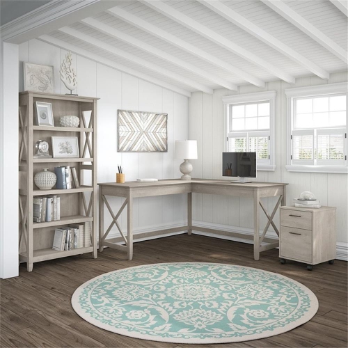 Bush Furniture Key West 60W L Desk with Cabinet & Bookcase in Washed Gray