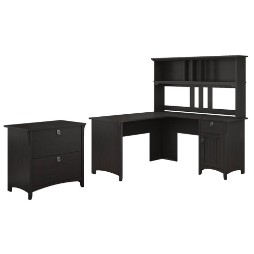 BUSH  Salinas 60W L Shaped Desk With Hutch & File Cabinet In Vintage In Black