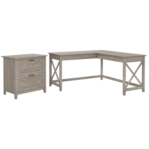 Bush Furniture Key West 60W L Shaped Desk with File Cabinet in Washed Gray