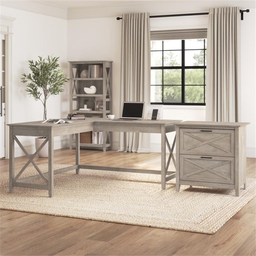 Bush Furniture Key West 60W L Shaped Desk with File Cabinet in Washed Gray