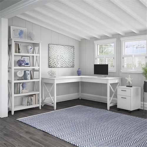 Bush Furniture Key West 60W L Shaped Desk with Mobile File Cabinet and Bookcase