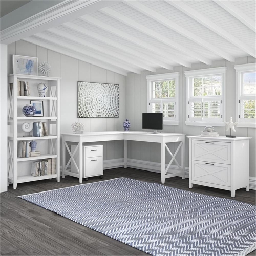 Bush Furniture Key West 60W L Shaped Desk with File Cabinets and Bookcase