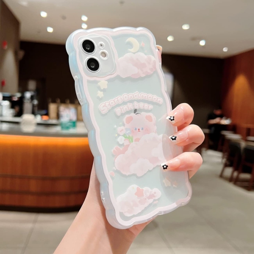 Compatible with iPhone 11 Case Cute Cartoon Floral Clouds Moon Bear Design for Women Girls Aesthetic Kawaii
