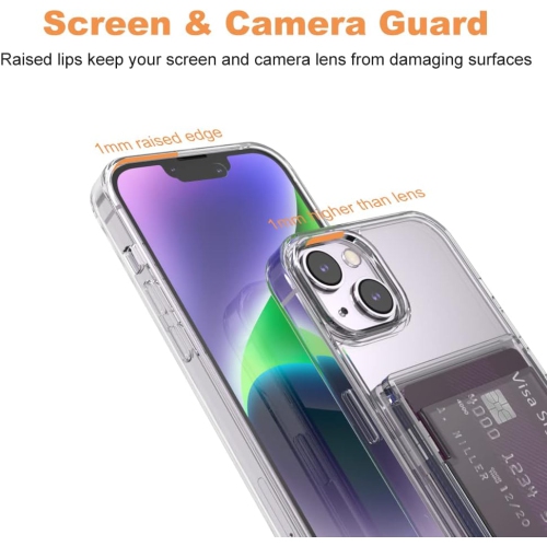 for iPhone 14 Plus Clear Card Case, Anti-Yellowing Slim Fit Thin TPU Bumper + PC Back Wallet Case with 2 Cards