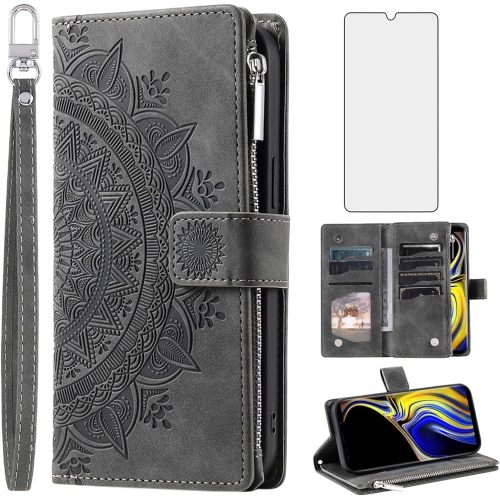 UNKNOWN  Phone Case for Samsung Galaxy Note 9 Wallet Cover With Tempered Glass Screen Protector And Wrist Strap Mandala