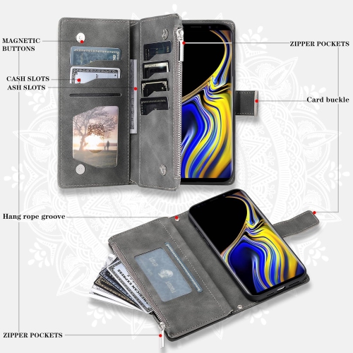 Phone Case for Samsung Galaxy Note 9 Wallet Cover with Tempered Glass Screen Protector and Wrist Strap Mandala