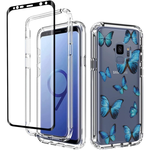 Étui pour Galaxy S9, étui pour Samsung S9 SM-G960U avec protecteur d'écran en verre trempé, papillon transparent