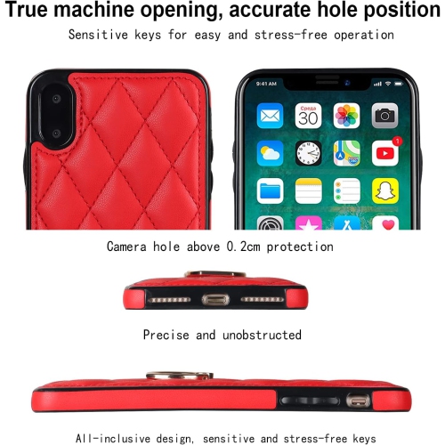 Phone Case for iPhone Xs X 10 10s with Tempered Glass Screen Protector Ring Holder Kickstand Soft Quilted Leather