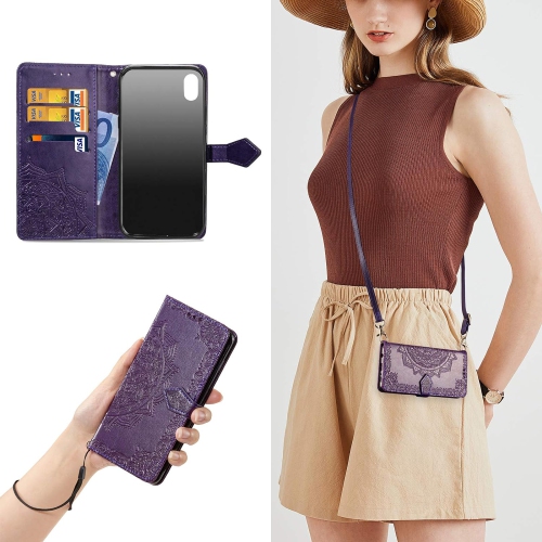 Case for iPhone XR, PU Leather Wallet Case with Mandala Flower Designs, with Card Slot Holder Adjustable Cross