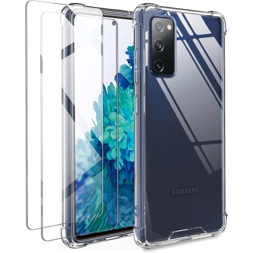 Étui transparent pour Galaxy S20 FE 5G et 2 protecteurs en verre trempé HD - coque antichoc en polycarbonate rigide jaune et TPUR souple