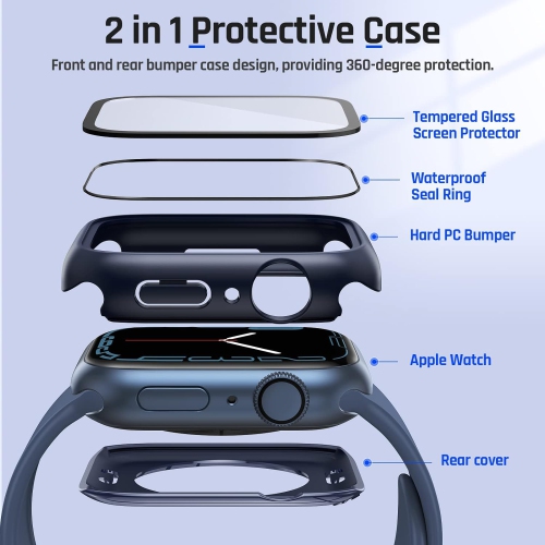 2 in 1 Waterproof Case for Apple Watch Screen Protector 44mm SE 2nd Gen Series 6 5 4 SE, 360 Protective Glass