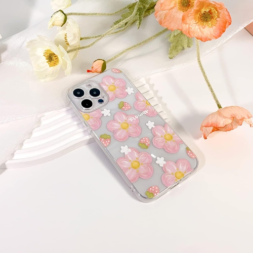 Compatible for iPhone 13 Pro Max Case Cute Clear Oil Flower Floral Strawberry Design for Girls Women Soft TPU