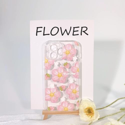 Compatible for iPhone 13 Pro Max Case Cute Clear Oil Flower Floral Strawberry Design for Girls Women Soft TPU
