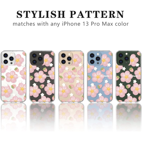 Compatible for iPhone 13 Pro Max Case Cute Clear Oil Flower Floral Strawberry Design for Girls Women Soft TPU