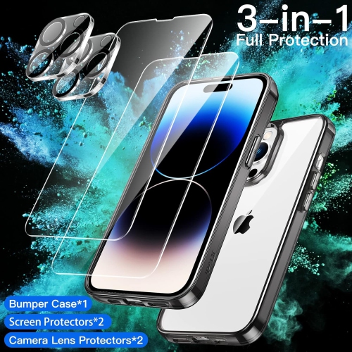 3 in 1 Case for iPhone 14 Pro 6.1-Inch, with 2-Pack Screen Protector and 2-Pack Camera Lens Protector, Full