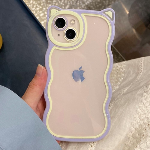 Cute Curly Wave Frame Case with 3D Cat Ears Clear Case for iPhone 13 6.1 inch, Pretty Shockproof TPU Bumper Case
