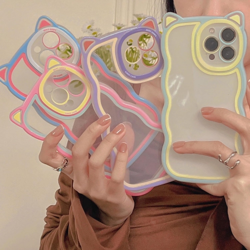 Cute Curly Wave Frame Case with 3D Cat Ears Clear Case for iPhone 13 6.1 inch, Pretty Shockproof TPU Bumper Case