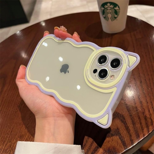 Cute Curly Wave Frame Case with 3D Cat Ears Clear Case for iPhone 13 6.1 inch, Pretty Shockproof TPU Bumper Case