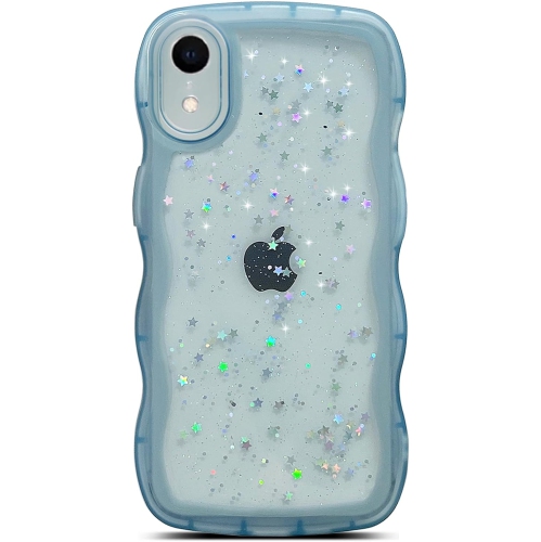 for iPhone XR Case 6.1 inch Curly Wave Edge Design Transparent Bling Glitter Star Shiny Case Cute Clear