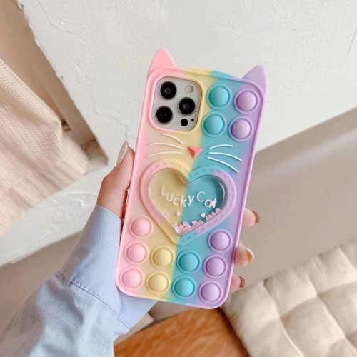 Fidget Pop Case for iPhone 14 Pro, Cute Cartoon Lucky Cat Quicksand Bling Stars Push Bubbles Shockproof Silicone