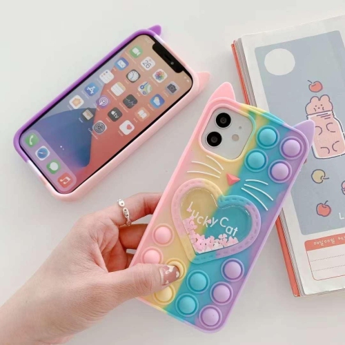 Fidget Pop Case for iPhone 14 Pro, Cute Cartoon Lucky Cat Quicksand Bling Stars Push Bubbles Shockproof Silicone