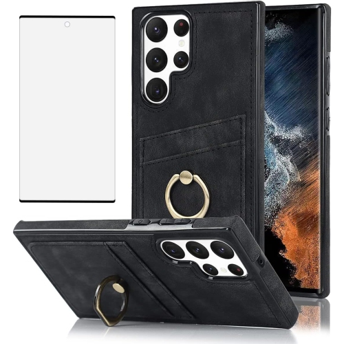 for Samsung Galaxy S22 Ultra Wallet Case with Tempered Glass Screen Protector 360°Rotation Ring Kickstand PU